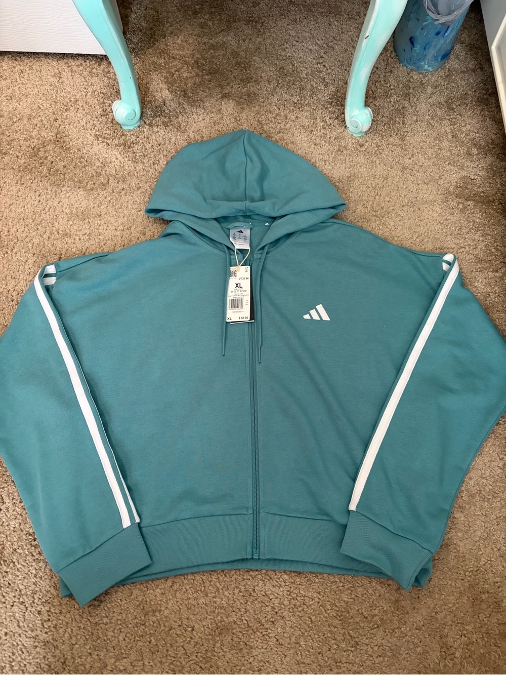 NWT adidas Teal Full-Zip Hoodie with White Sleeve Stripes